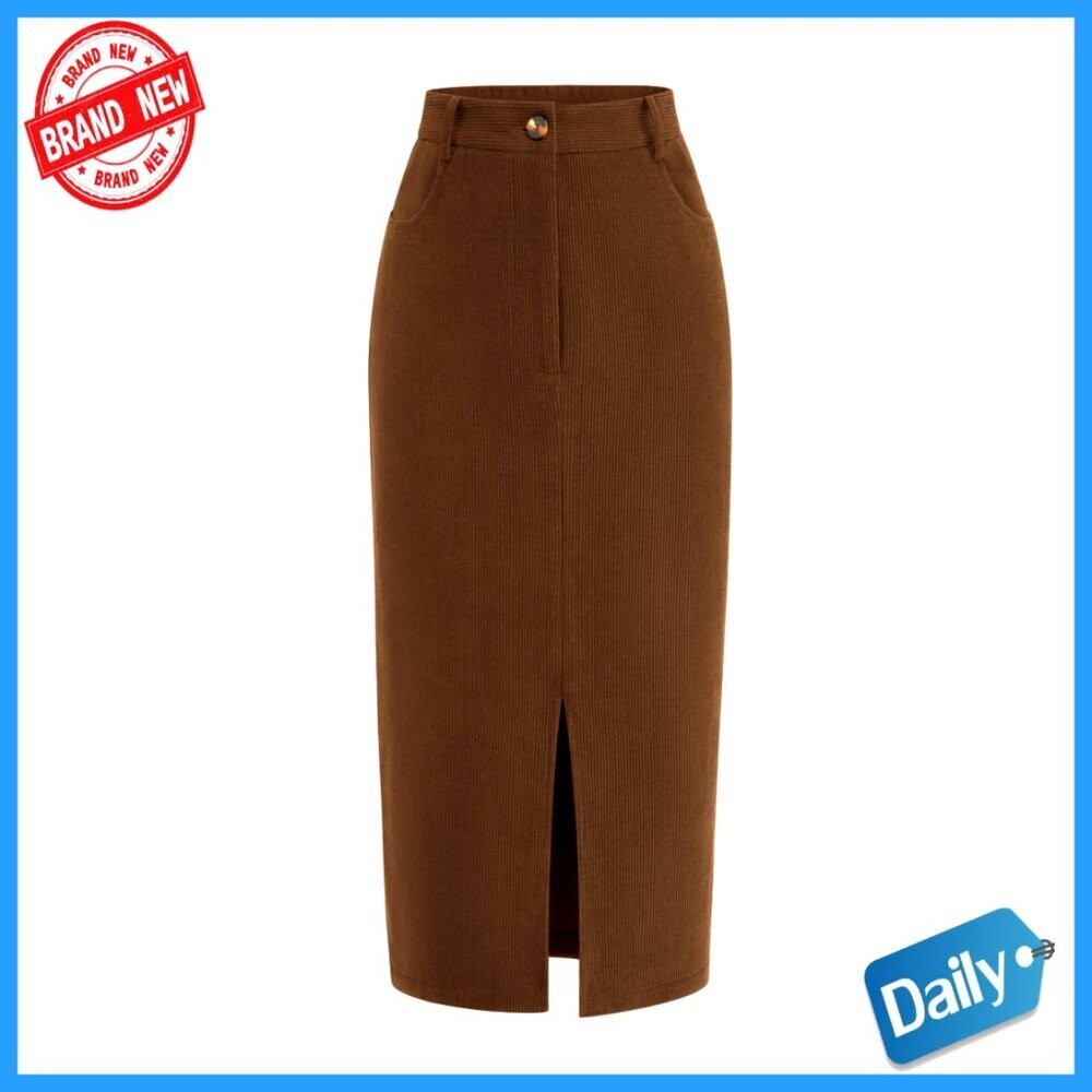 High Waisted Corduroy Pencil Midi Skirt with Pockets for Work